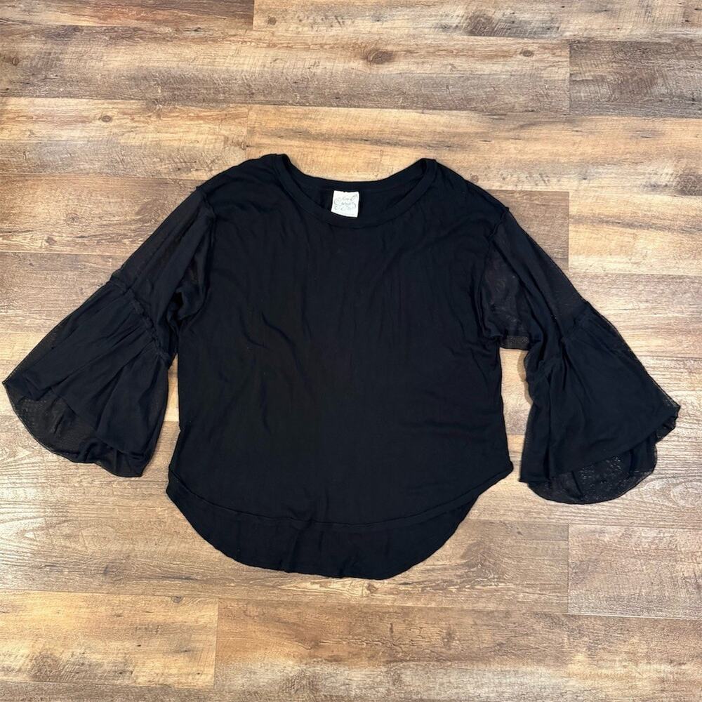 Free People Blouse Womens L Black Bell Sleeve Sheer Mesh Ruffle Tunic Scoop Neck